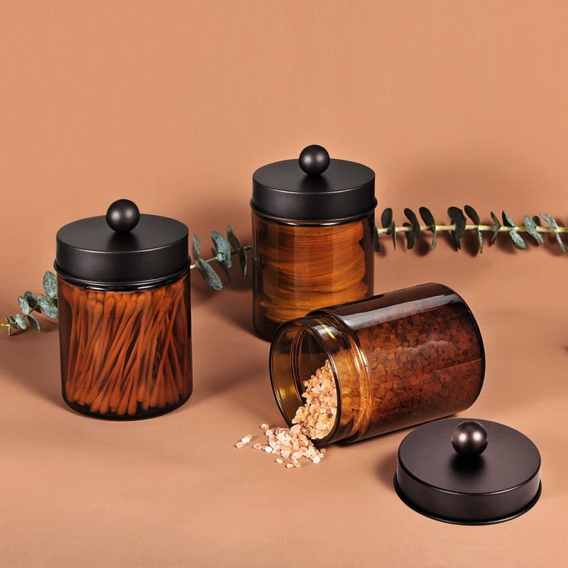 Komashr Amber Glass Qtip Holder, Apothecary Jars with brown Metal Lid & Stickers-Bathroom Qtip Dispenser Storage Organizer Set,Vanity Counter Canister for Cotton Swabs,Round Pads,Floss (3 Pack,bronze) - Image 3